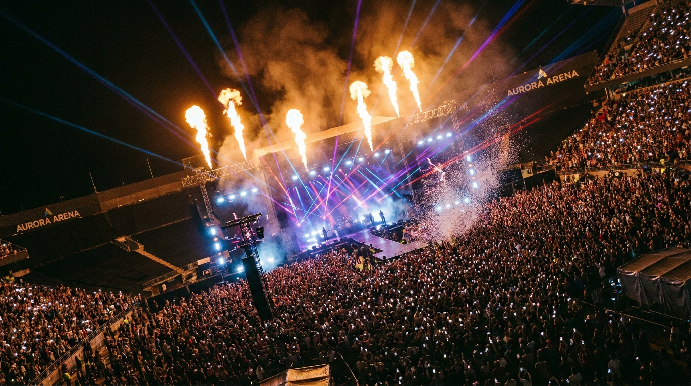 60,000 strong · stadium live · sfx & flames